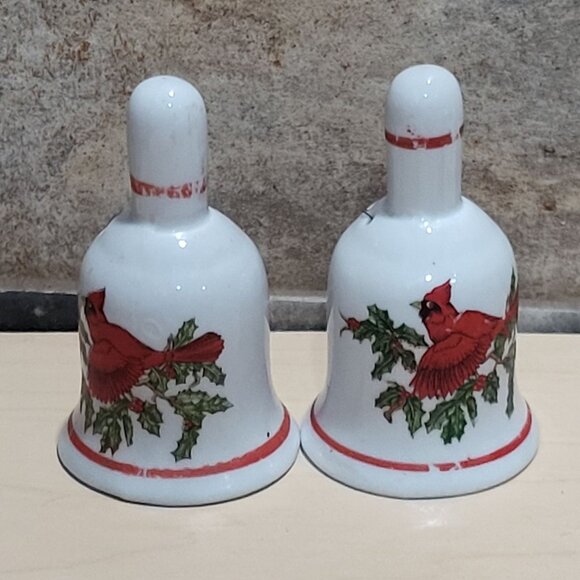 Vintage Pair Porcelain Bells Hand Painted Red Cardinal Bird on Branch Holly and - Picture 8 of 9